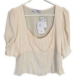 SOPHIE RUE To Neck Short Puff Sleeves Ruche Ivory Ecru Women Size M NWT